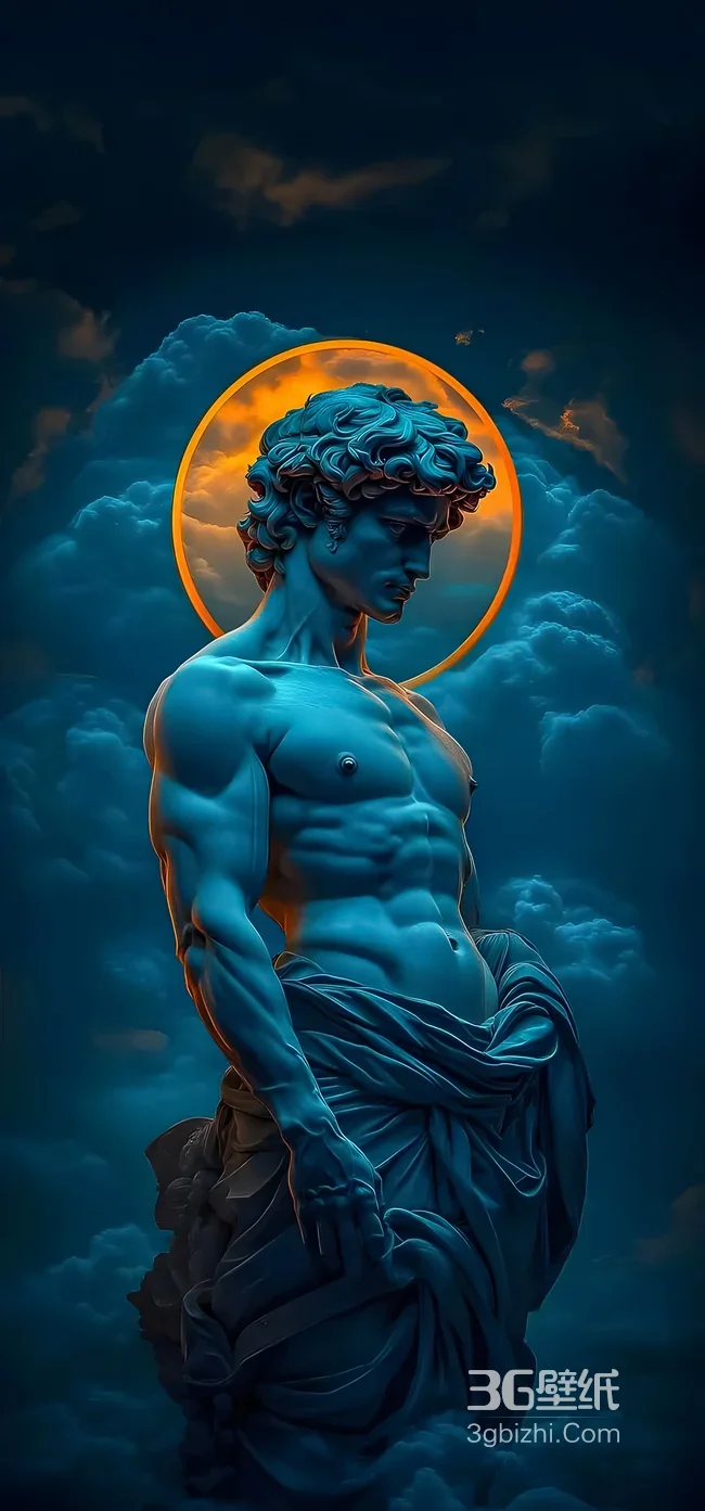 大卫雕像·肌肉身躯 梦幻蓝调光环云层 超火手机锁屏背景1