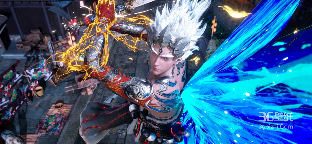 国漫帅哥孟川·蓝翼闪电特效 古风街市战斗 宽屏车机壁纸1