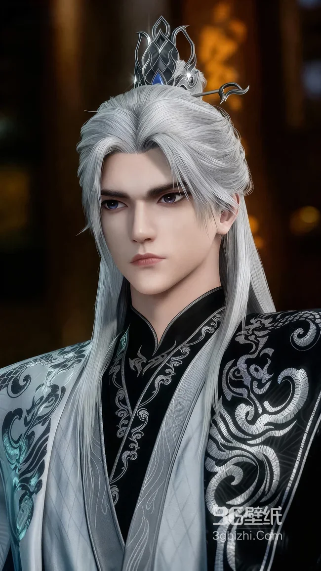国漫帅哥王林·银发玄衣国风 精致银纹 热门古风壁纸1