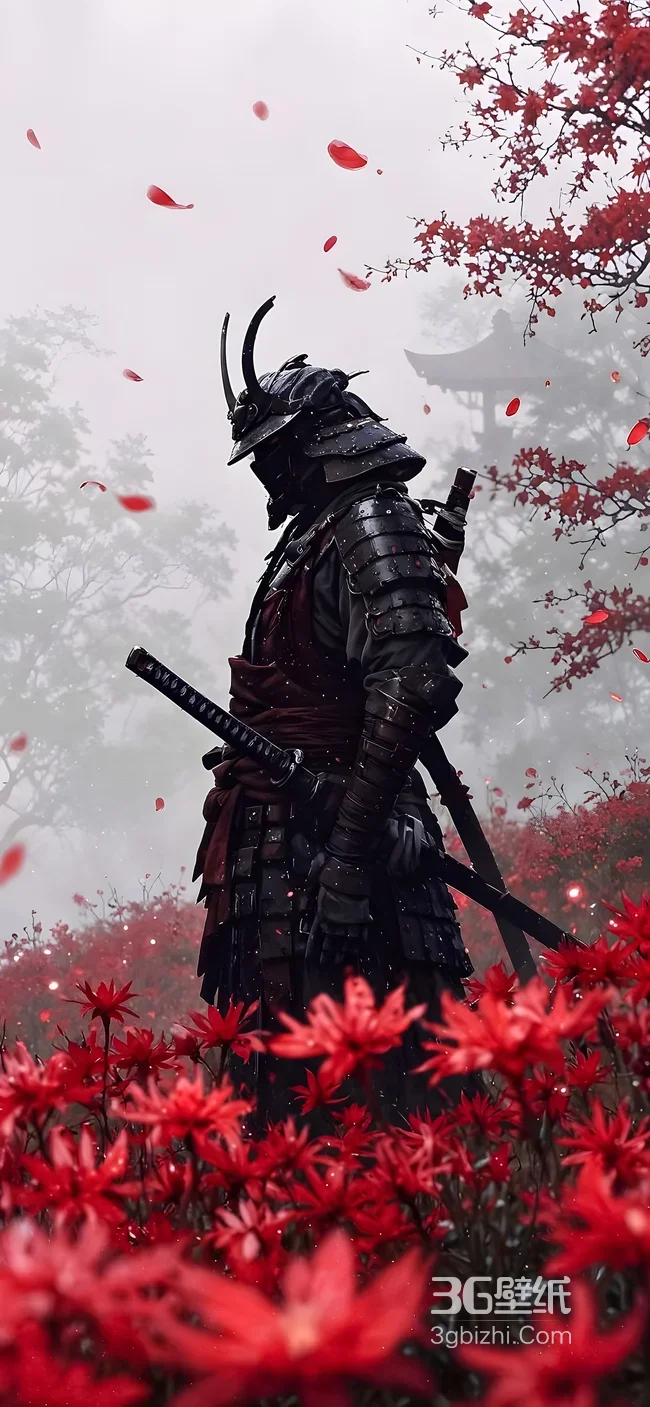 暗黑甲胄武士·红枫花海迷雾意境手机壁纸1
