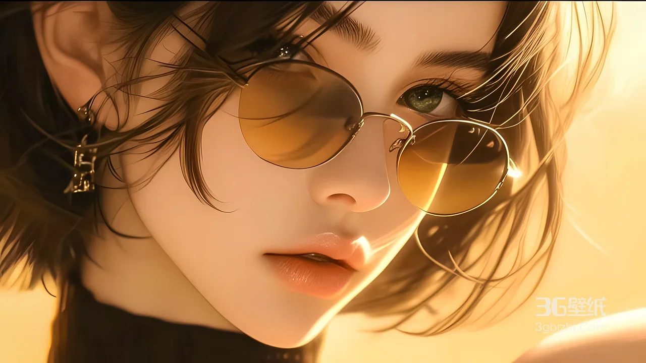 短发墨镜少女·写实唯美CG风 暖调氛围感电脑壁纸1
