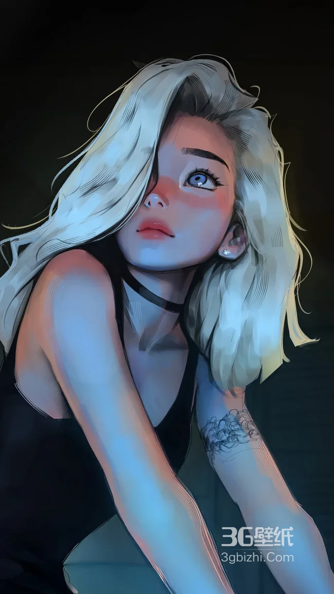 二次元写实风金发少女·choker纹身氛围感高人气竖屏手机壁纸1