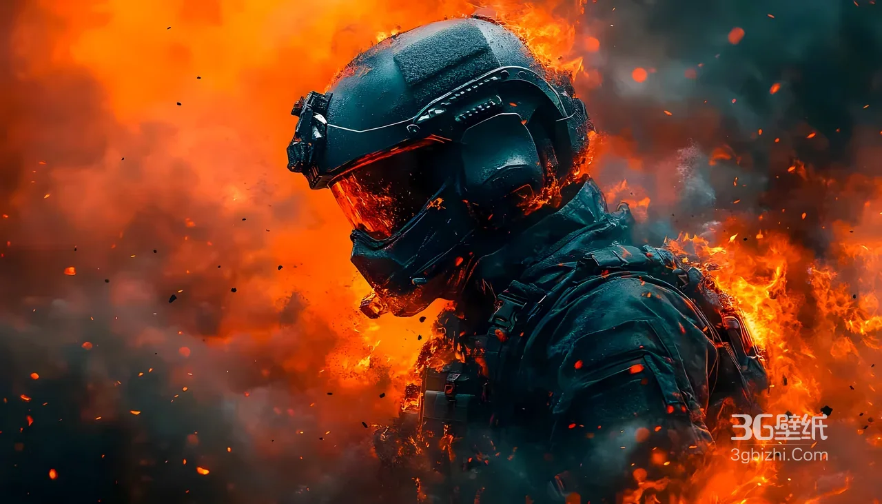 战术战士·火焰缠身 暗黑硬核写实风宽屏电脑壁纸1