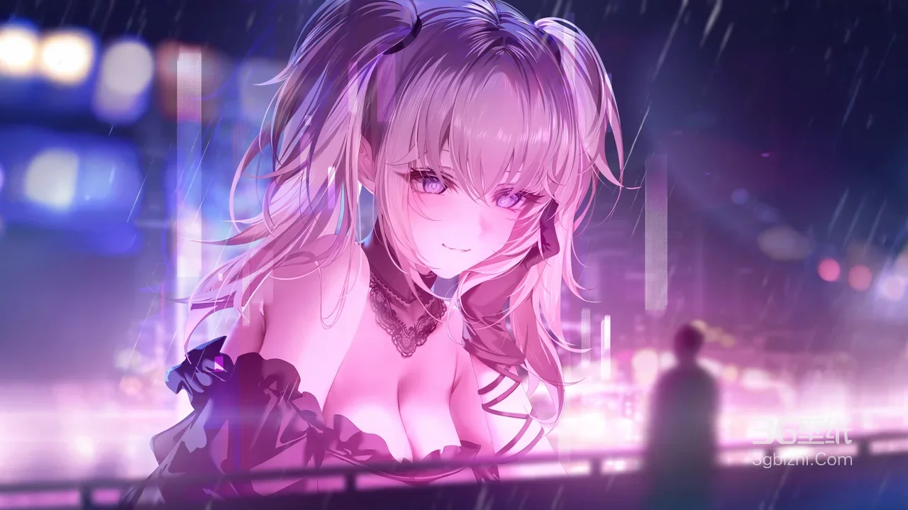 双马尾少女·雨夜都市赛博唯美风 宽屏电脑壁纸1