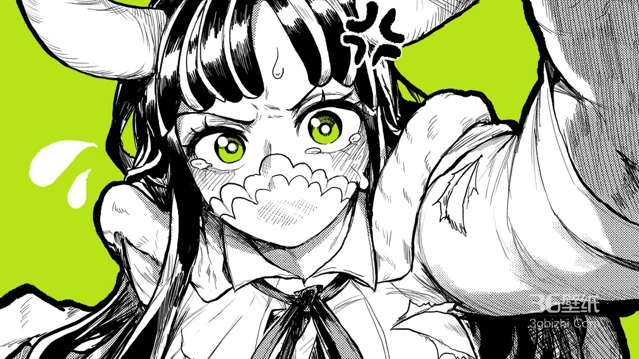 牛角绿瞳少女·傲娇神态 黑白漫画风二次元超宽屏电脑壁纸1