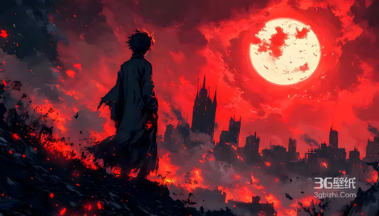 神秘少年·破损长袍 末日都市红月焚城 暗黑动漫电脑壁纸1