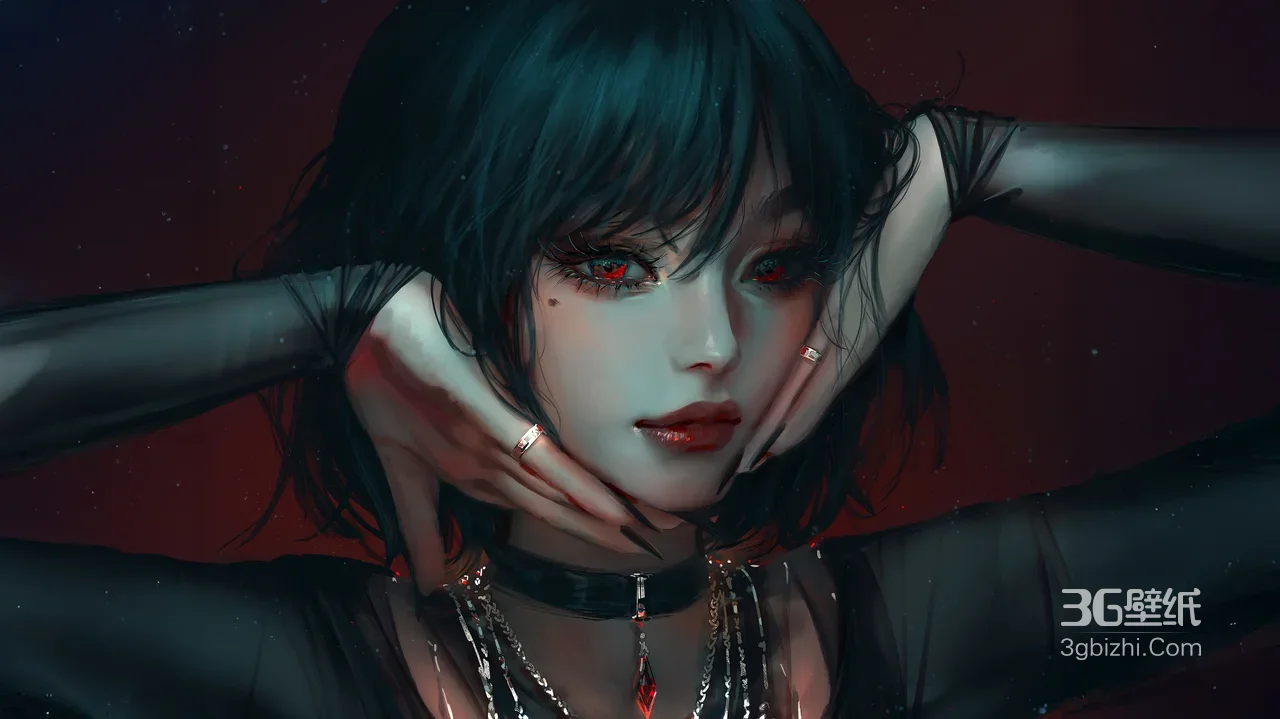 暗黑系原创插画美女·红瞳黑丝·神秘魅惑电脑壁纸1