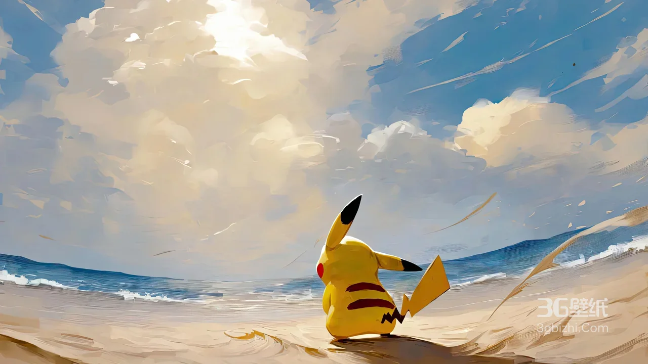 皮卡丘·海滨静望 唯美油画风 宝可梦电脑壁纸1