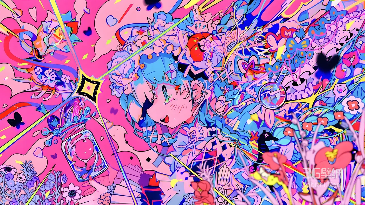 蓝发少女·奇幻瓶罐簇拥 炫彩高饱和电脑壁纸1