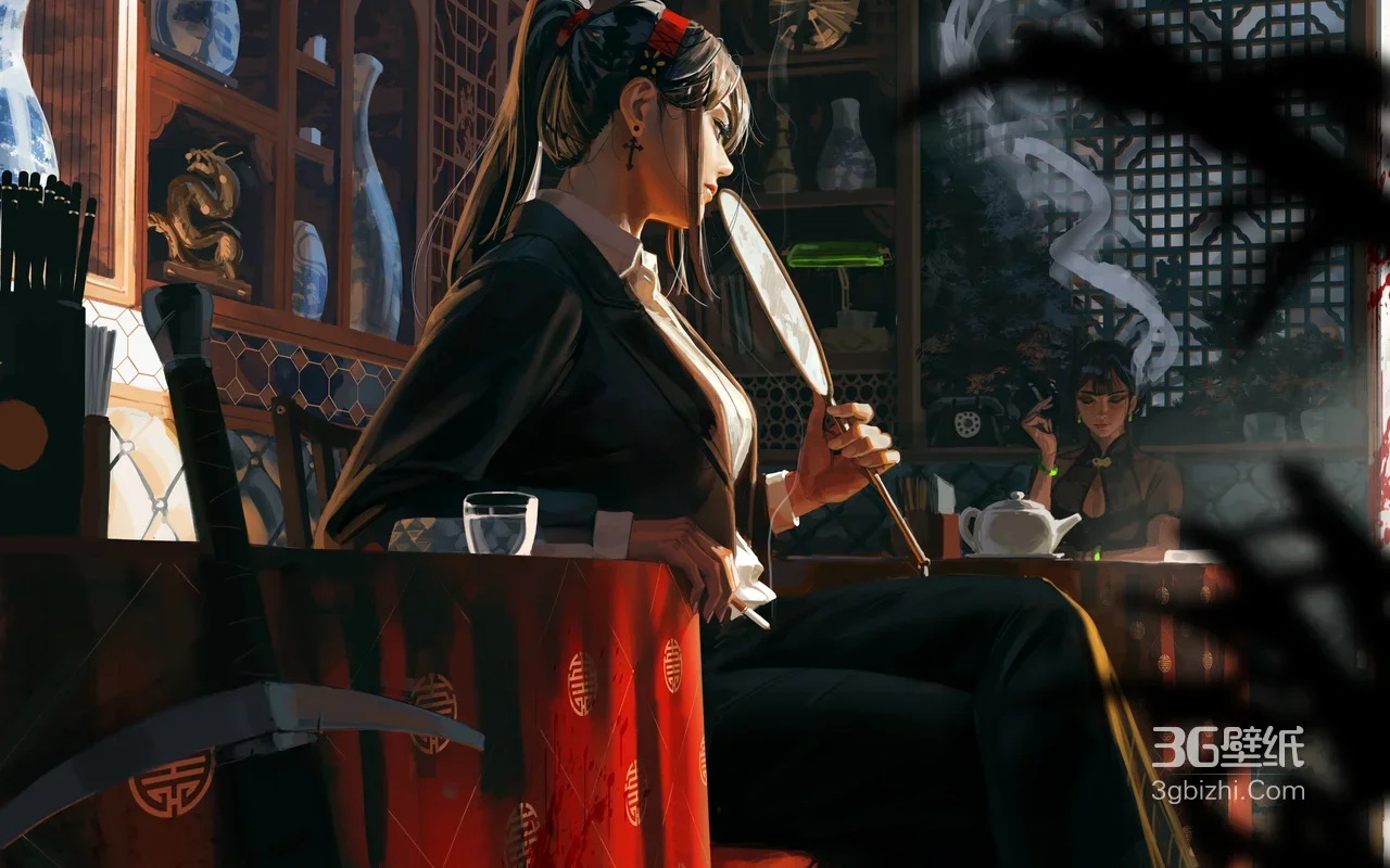 国风暗黑·西装扇女&旗袍烟女·茶室对峙 冷峻桌面背景1