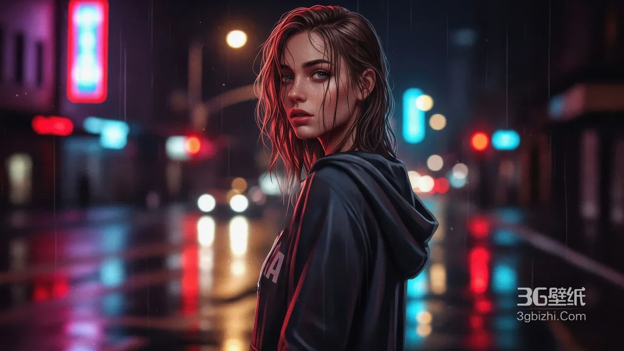 雨夜霓虹街头女孩·写实暗黑赛博朋克电脑壁纸1