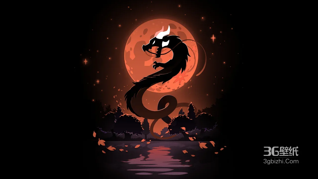 暗黑国风龙·红月林野意境电脑壁纸1