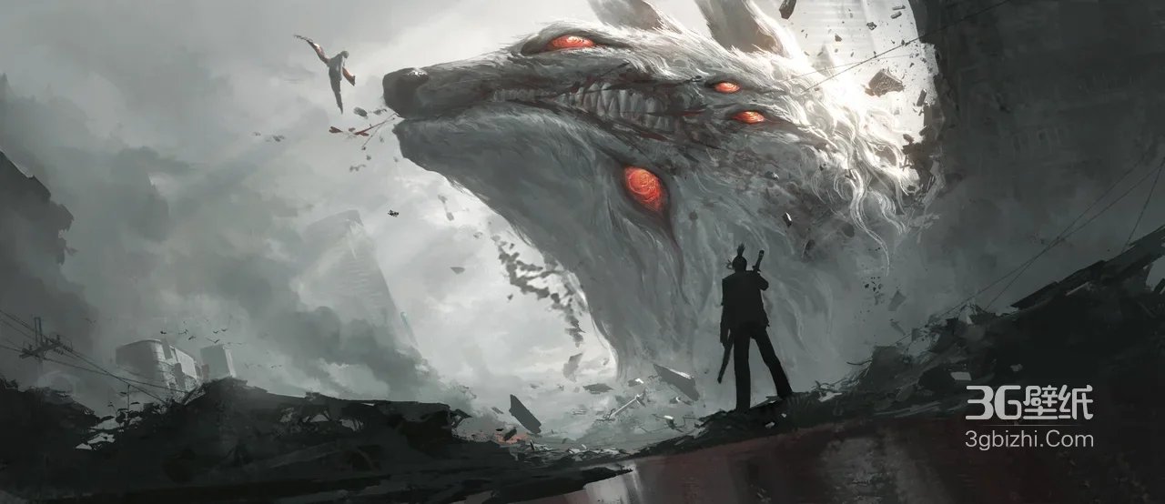巨型异化狼形怪物·黑衣战士 暗黑末日风 原创概念宽屏车机壁纸1