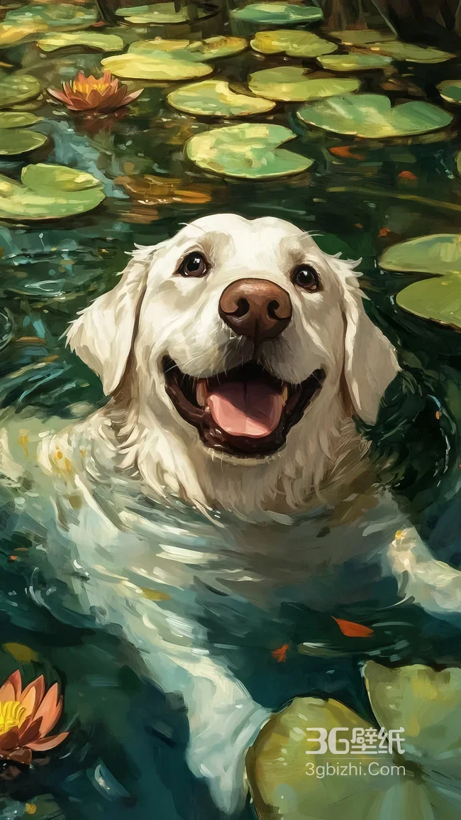 白犬睡莲池戏水·油画风治愈系宠物壁纸1