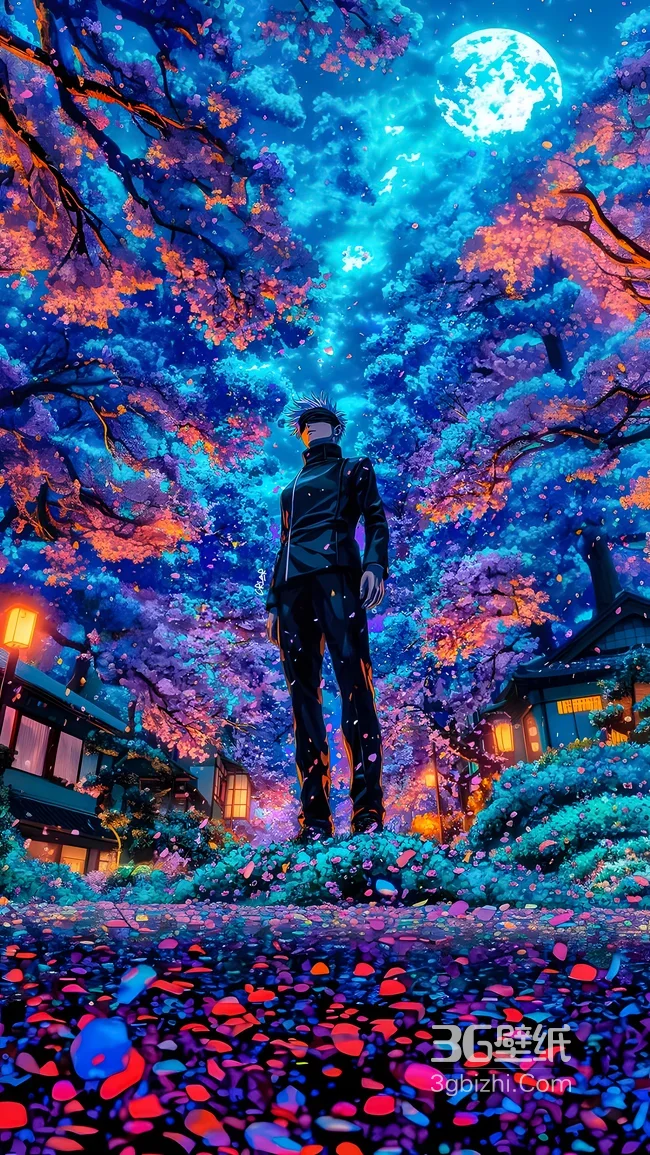 五条悟·眼罩黑衣 炫彩樱花月夜 咒术回战动漫壁纸1