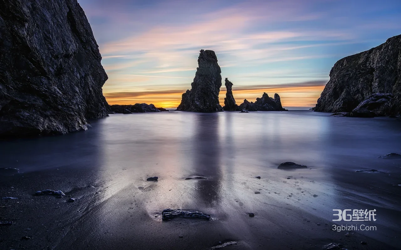 海边礁石日落·唯美慢门 静谧海岸桌面背景1