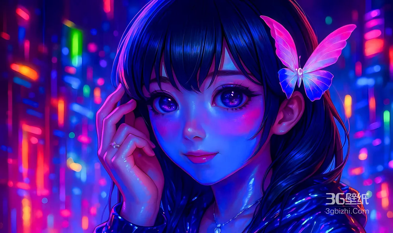 赛博朋克霓虹少女·蝴蝶发饰 超现实光影电脑壁纸1