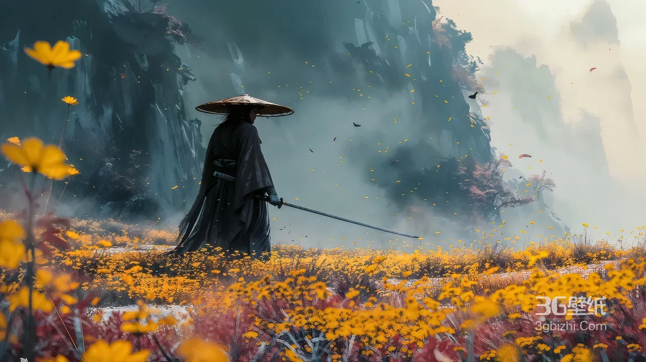 斗笠剑客·长刀 金黄花海国风仙侠意境电脑壁纸1