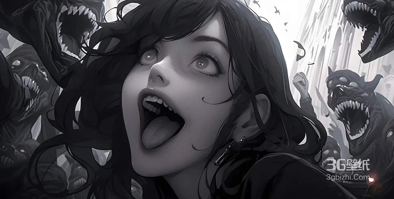 暗黑系少女·怪物簇拥 暗黑猎奇风插画电脑壁纸1