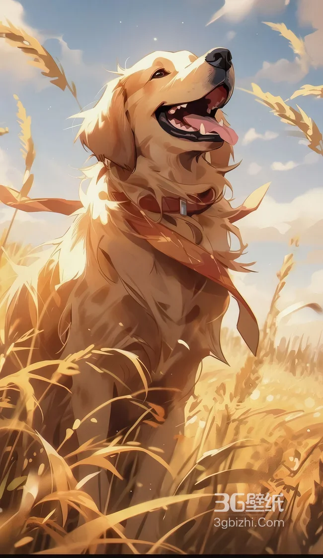 金毛犬·暖系插画风·麦田间治愈系手机壁纸1