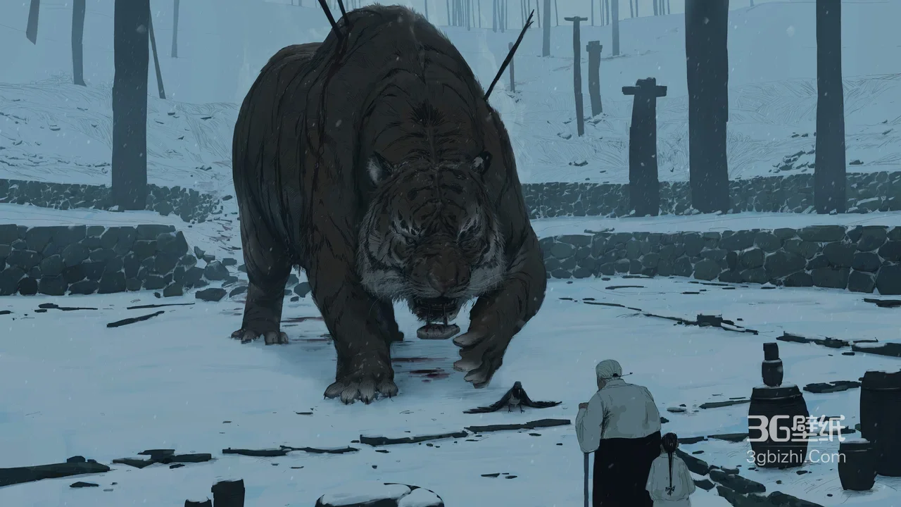 国风暗黑写实 雪地古院巨型黑虎对峙老人小孩电脑壁纸1