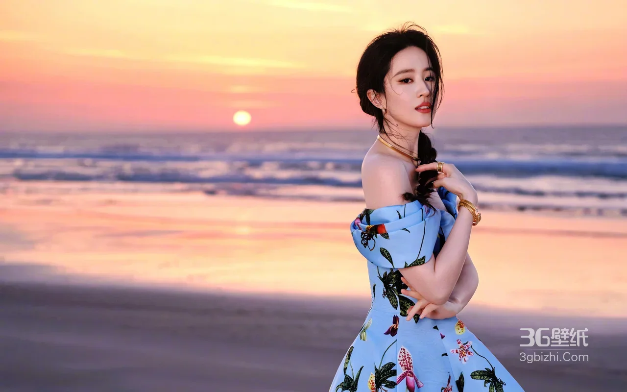 刘亦菲·花裙海滩 唯美日落风 海边黄昏电脑壁纸推荐1
