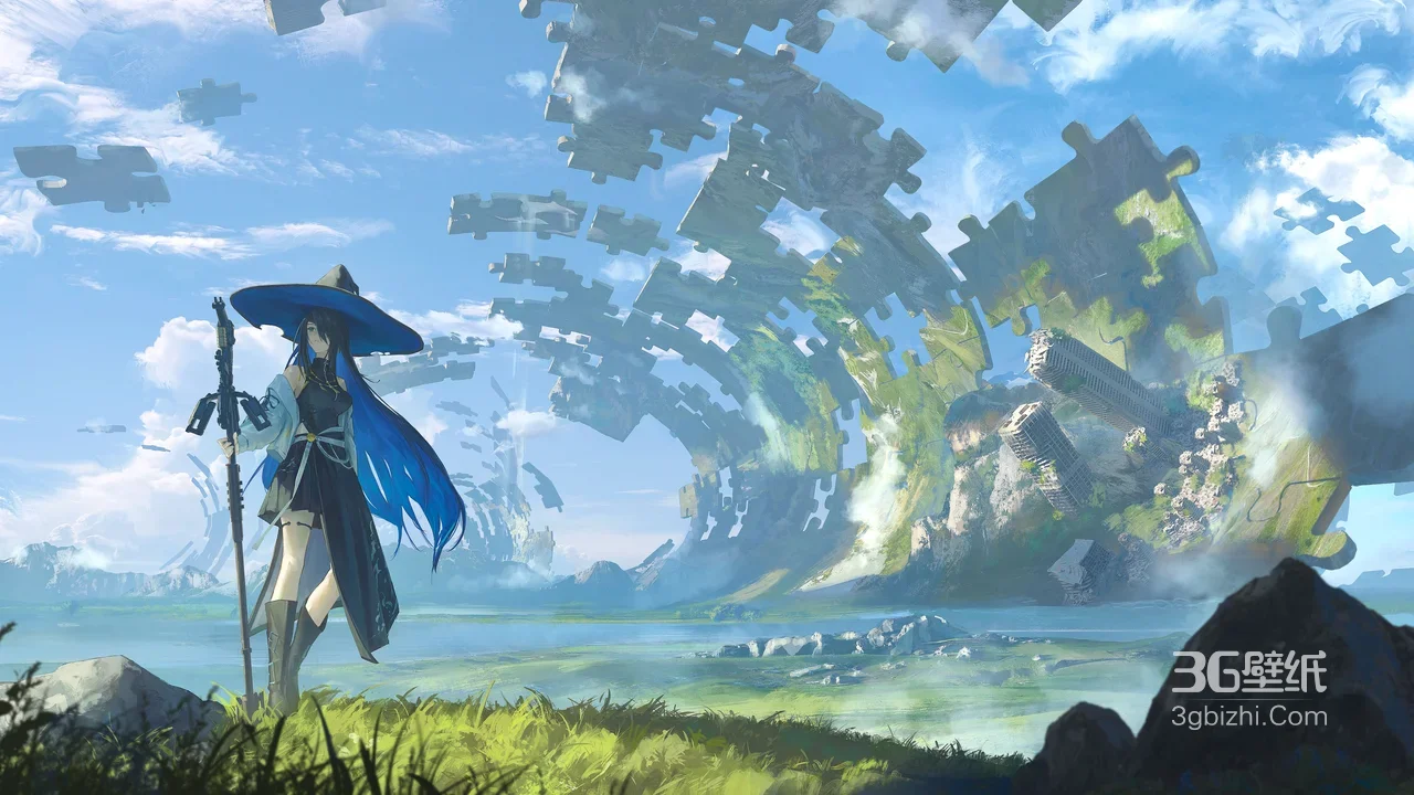 蓝发巫女持杖立野 二次元奇幻拼图浮空岛电脑壁纸1