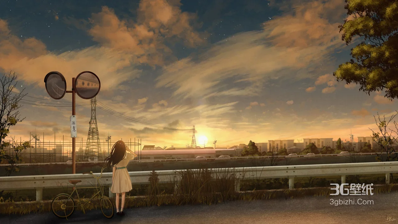 黄昏单车女孩眺望城市 唯美日系插画电脑桌面壁纸1