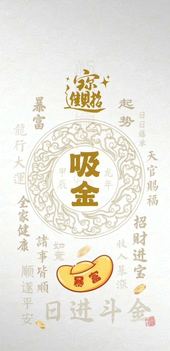 甲辰龙年吸金招财国风壁纸 暴富天官赐福吉祥话1