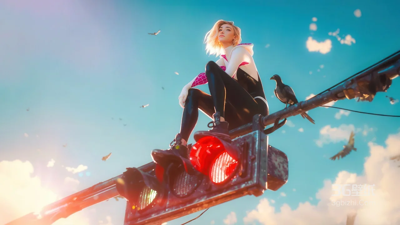 格温·史黛西（蜘蛛侠格温）唯美动漫风 交通灯坐立电脑壁纸1