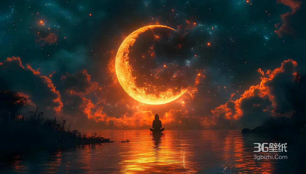 水畔打坐者·巨月星空火烧云·梦幻唯美超现实电脑壁纸1