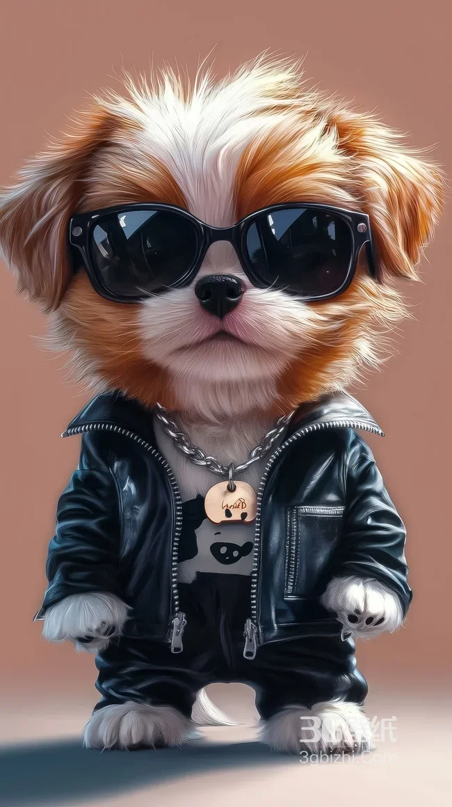 潮酷拟人小狗·皮衣墨镜项链·个性街头宠物手机壁纸1