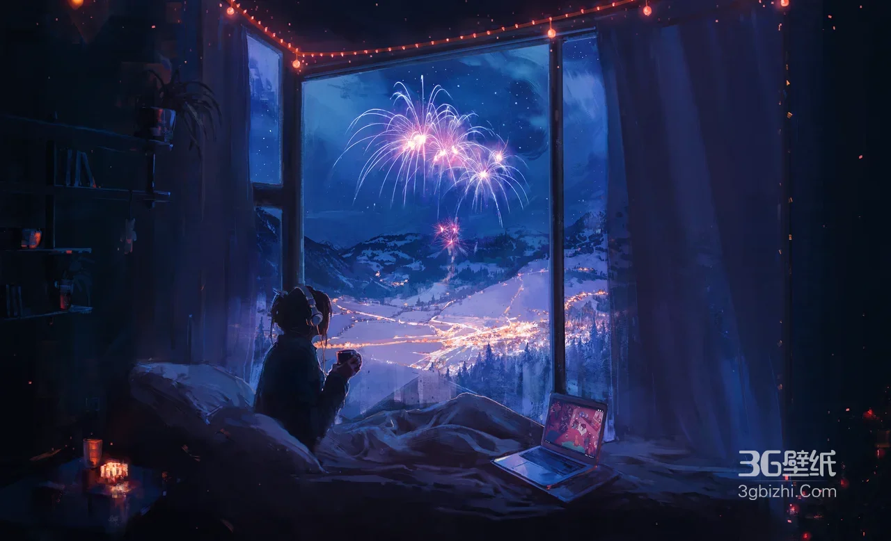 窗边人物·雪景烟花·唯美治愈系插画 治愈系电脑桌面1