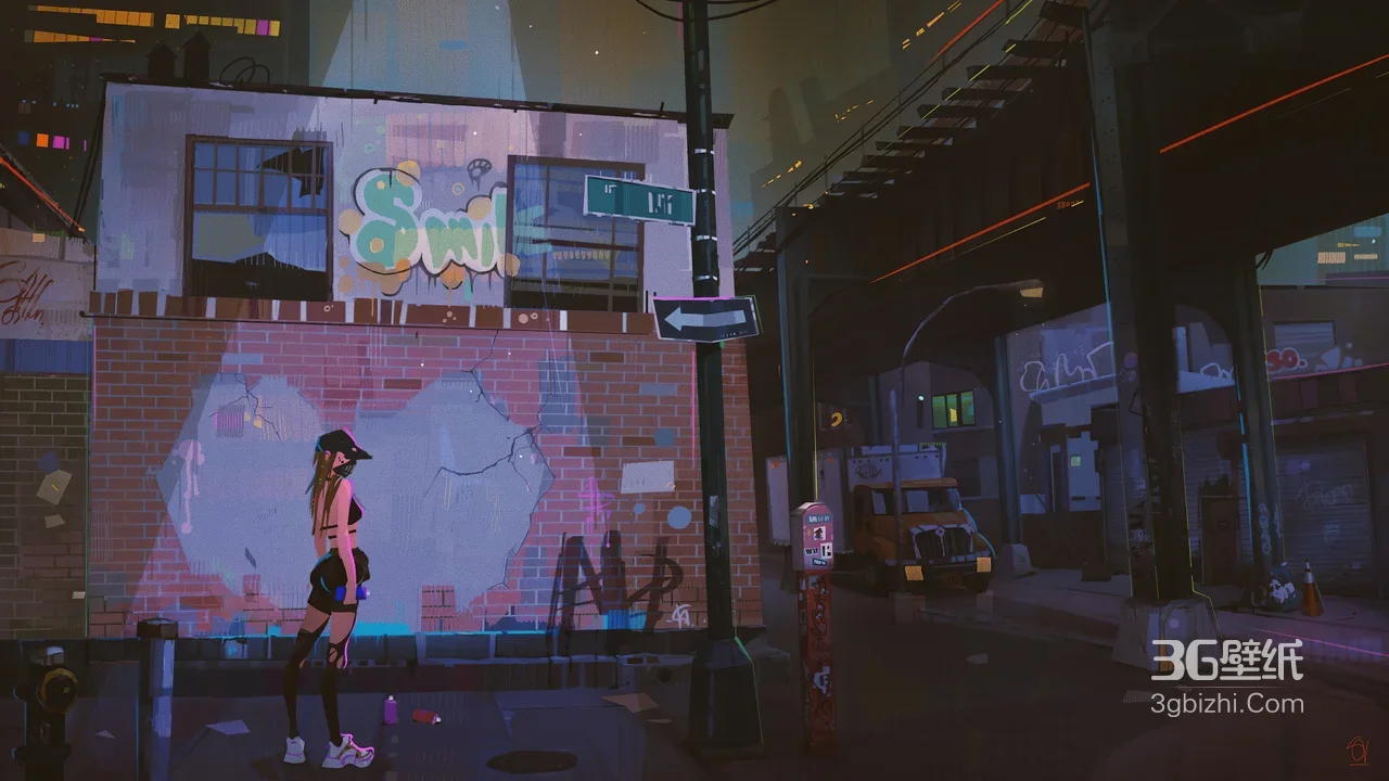 赛博朋克雨夜街巷·潮酷帽装少女 都市霓虹电脑壁纸1