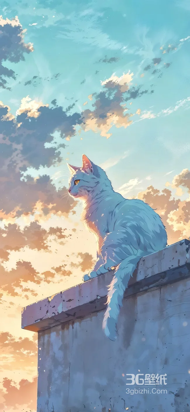白猫·天台眺黄昏 唯美二次元治愈风手机壁纸1