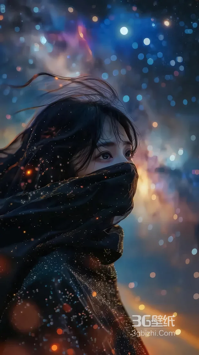 蒙面少女·星空披风 梦幻唯美夜光斑手机壁纸1