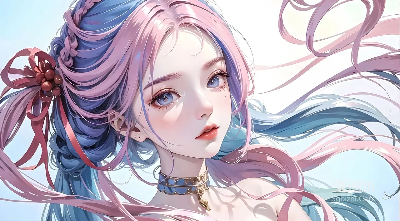 粉蓝渐变发丝少女·二次元唯美原创插画 超宽屏电脑壁纸1