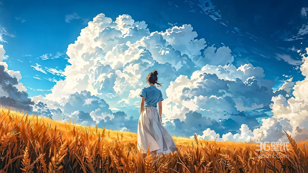 麦田白裙少女·唯美插画风 蓝天云朵治愈系电脑壁纸1