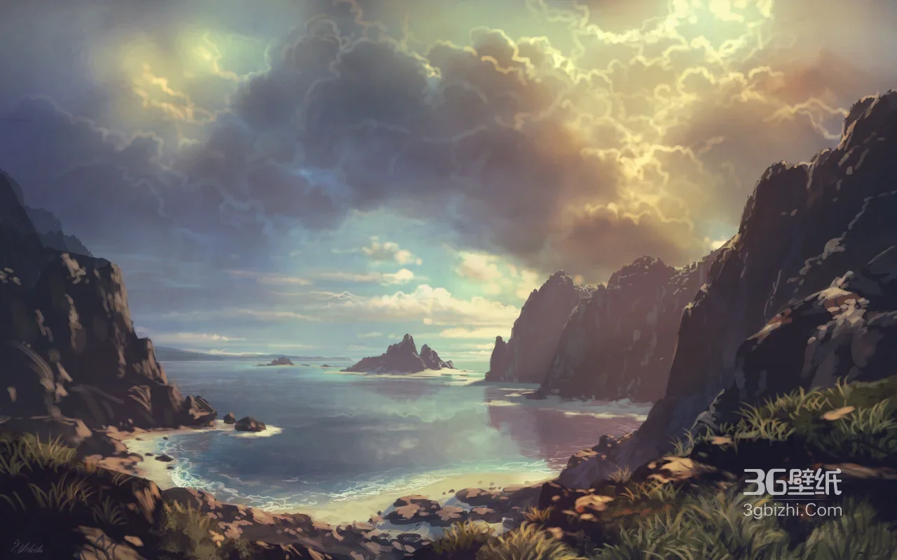 海岸峡谷海景·唯美梦幻风插画·超宽屏海岸风景电脑壁纸1