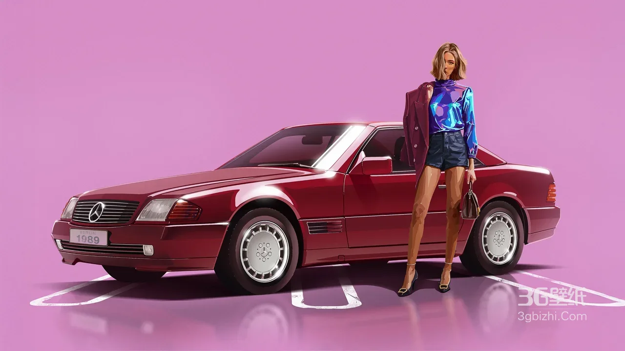 时尚女性&1989款奔驰 复古时尚插画电脑壁纸1