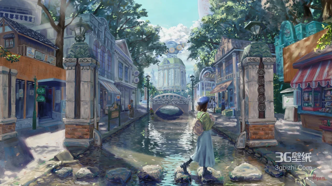 日系唯美插画·水巷小镇 女孩踏石过溪 清新电脑壁纸1