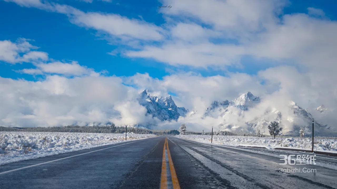 雪覆公路雪山云海·唯美写实宽屏电脑壁纸1