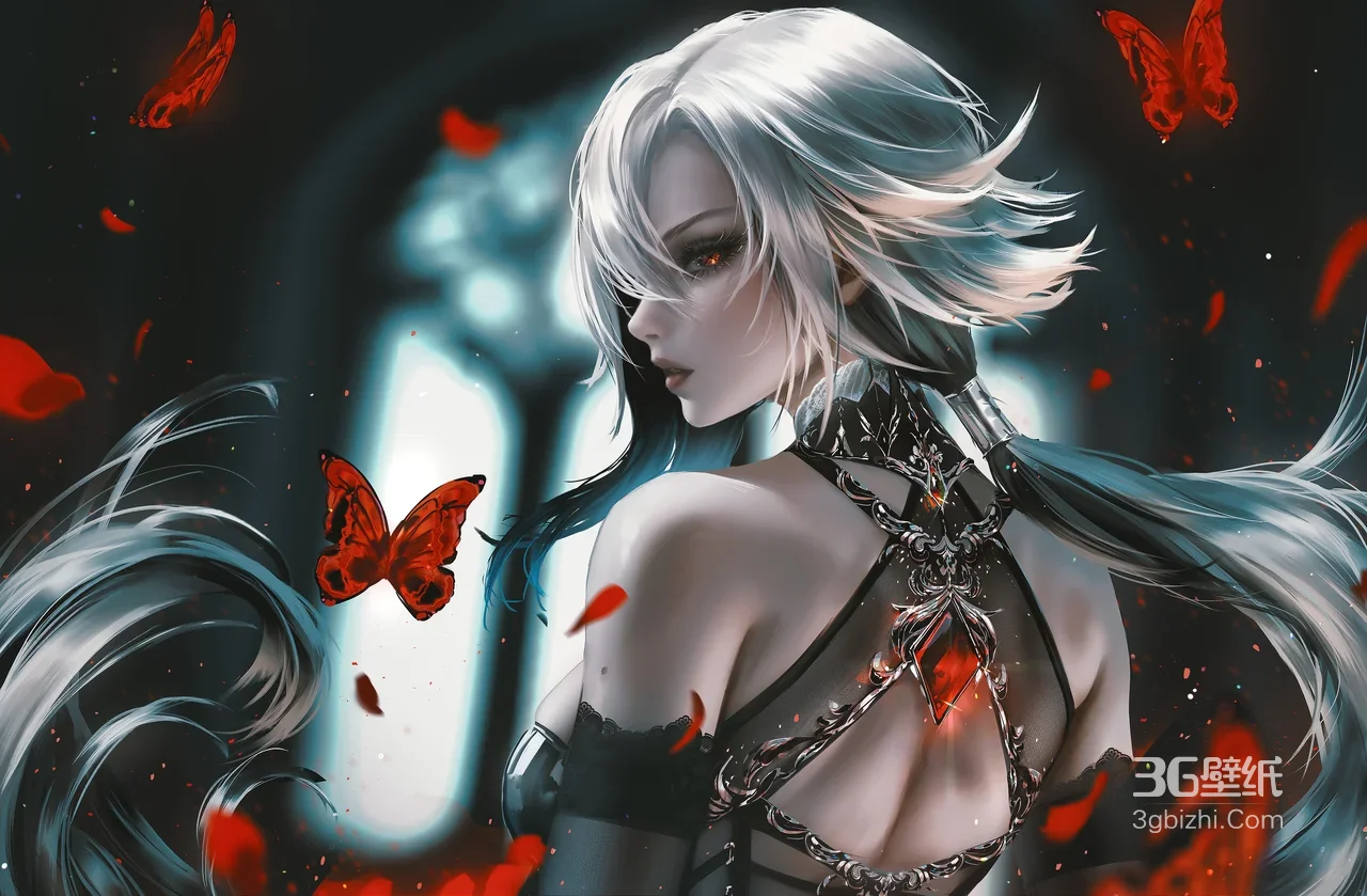 银发哥特风女性·暗黑奇幻 红蝶花瓣宽屏电脑壁纸1