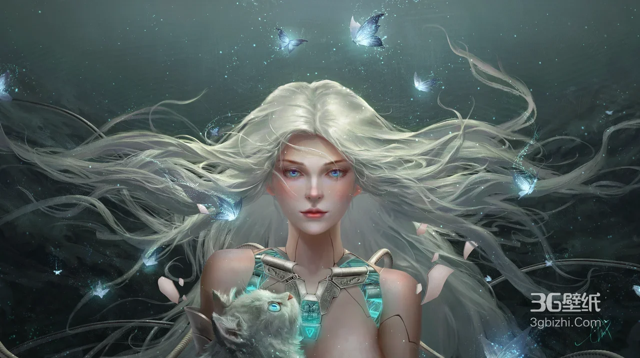 银发机械少女抱蓝眼猫 唯美赛博风原创插画 热门电脑壁纸1