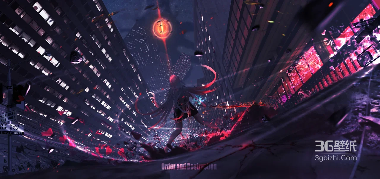红发飘带少女·城市破坏 二次元暗黑赛博朋克宽屏车机壁纸1