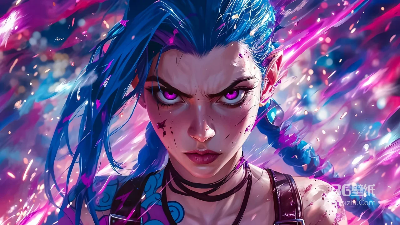 金克丝·蓝发紫瞳炸裂感 英雄联盟赛博朋克酷炫壁纸1