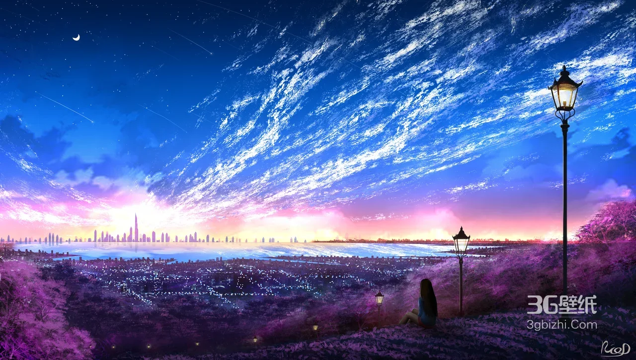 紫林少女眺望都市 唯美二次元插画 宽屏电脑壁纸1
