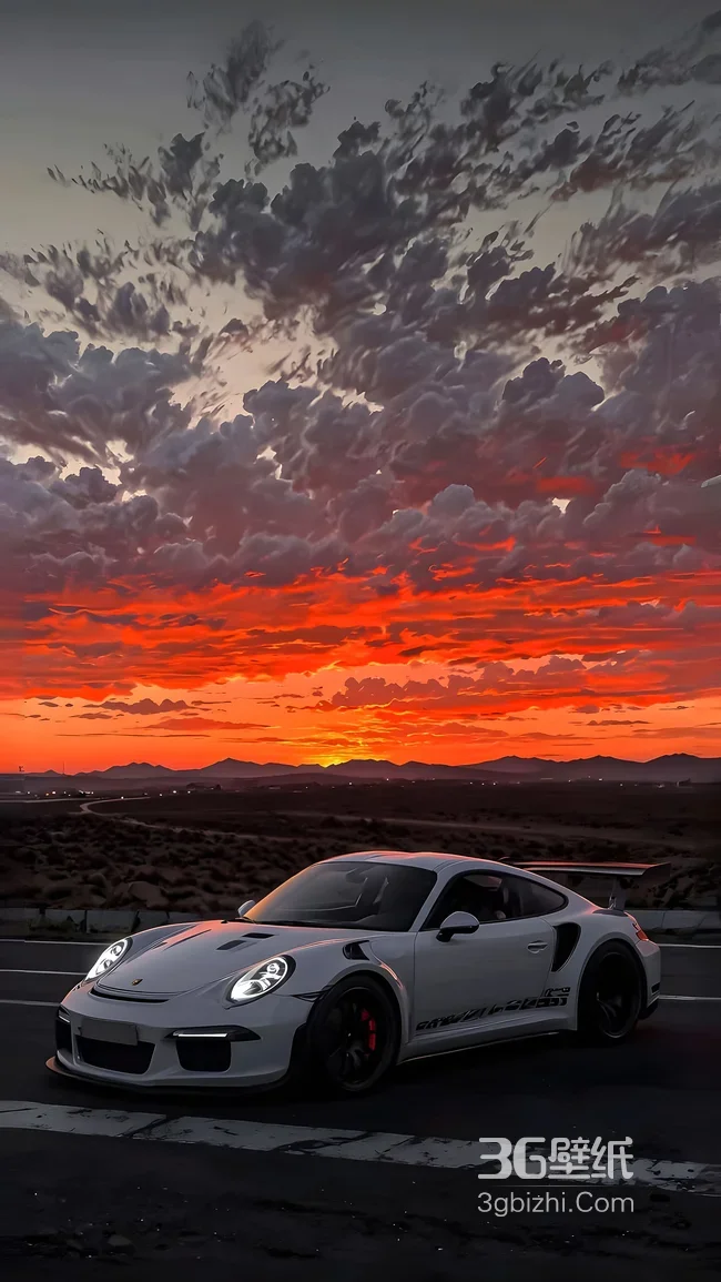 白色保时捷跑车·日落晚霞写实风 超震撼汽车壁纸1