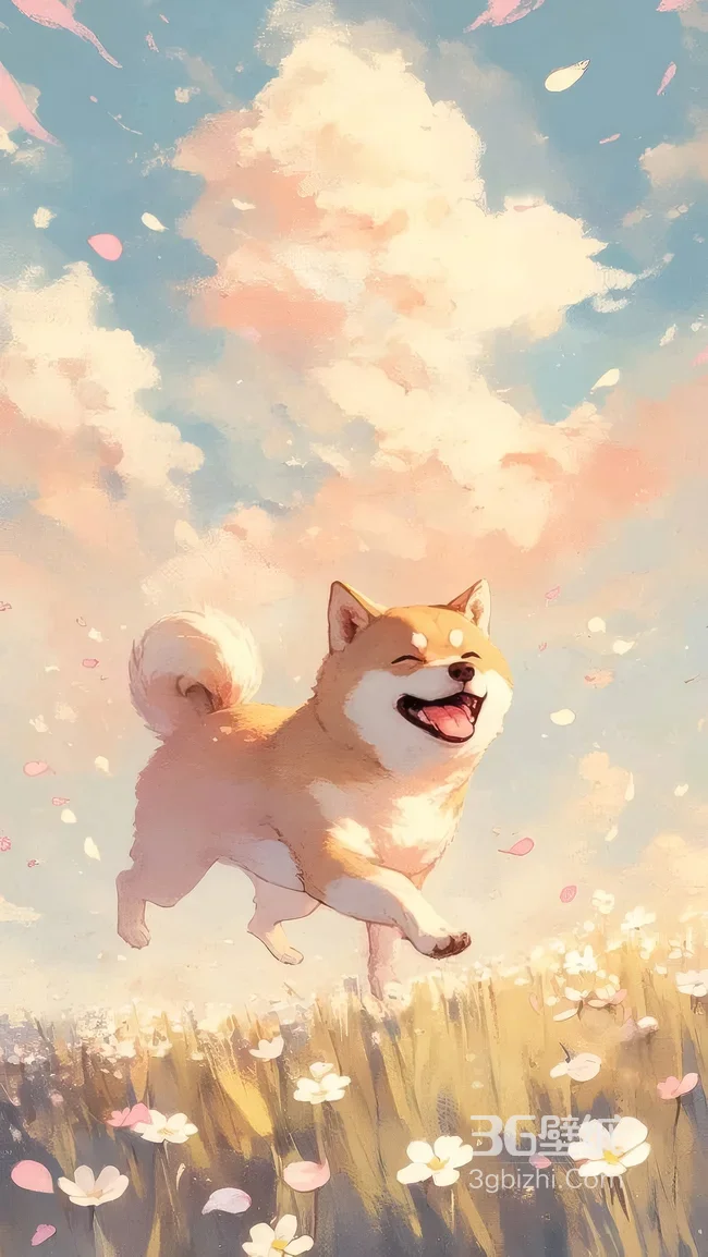 柴犬·笑靥奔跑 唯美治愈插画风花田手机壁纸1