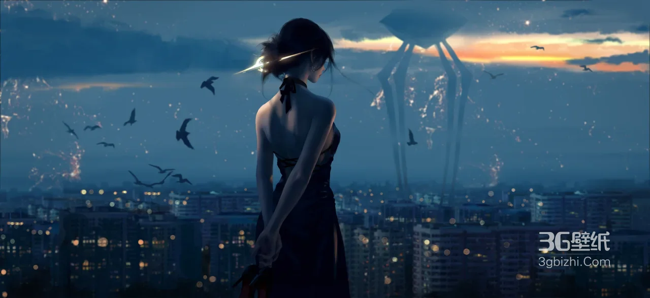 赛博朋克黑裙少女·都市夜景科幻电脑壁纸1